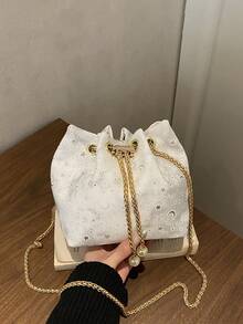 时尚抽绳印花水桶斜挎包，百搭链条单肩包，女士 - 白色 - 查看 9