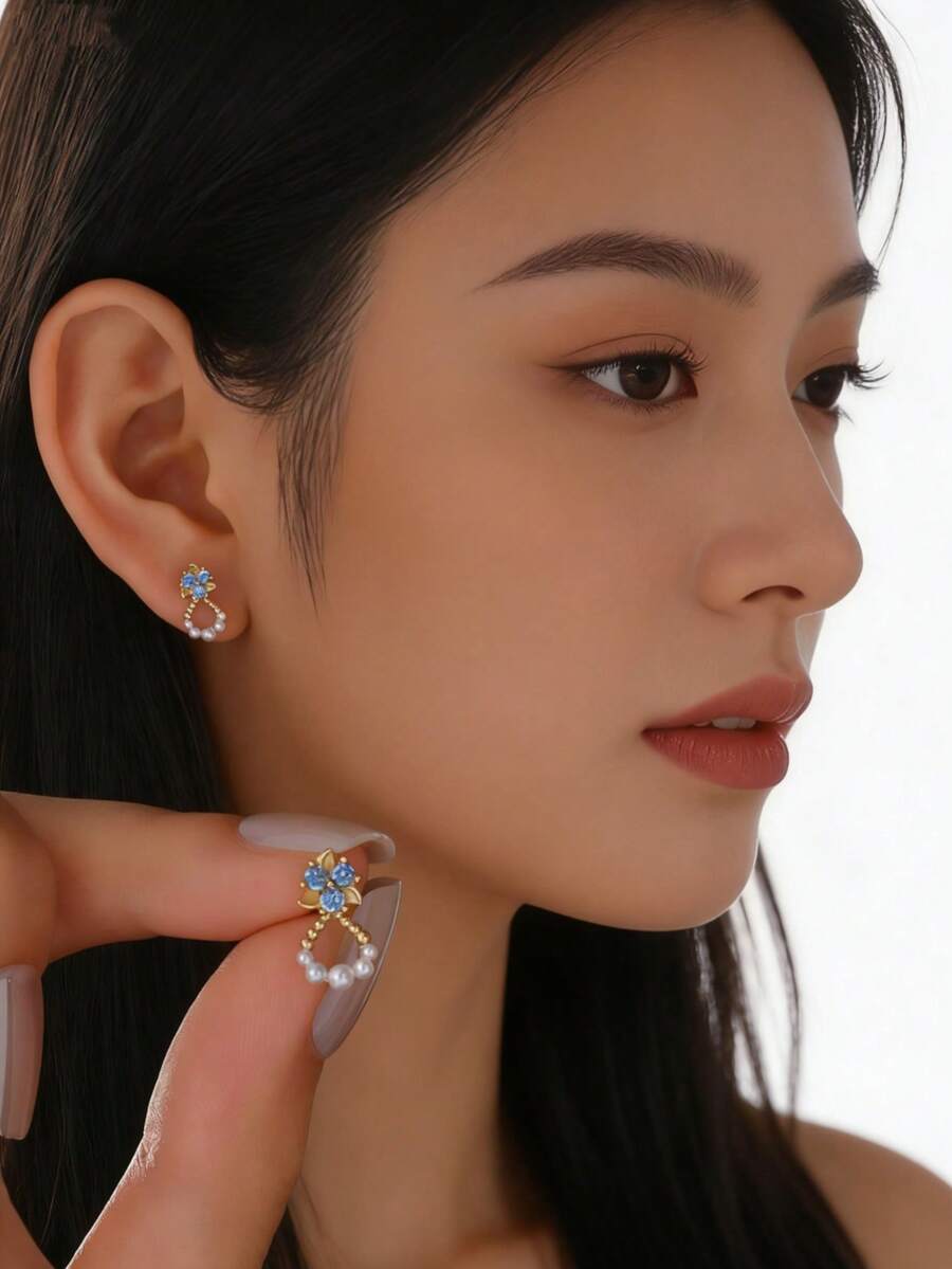1 Đôi bông tai bạc S925 hình hoa giọt nước độc đáo đính ngọc trai dành cho nữ - hoa - Xem 1
