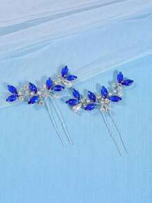 2pcs Women Elegant Crystal Tiaras & Hair Clips, Bridal Wedding Hair Accessories Valentine's Day Accessories - Xanh đậm - Xem 1