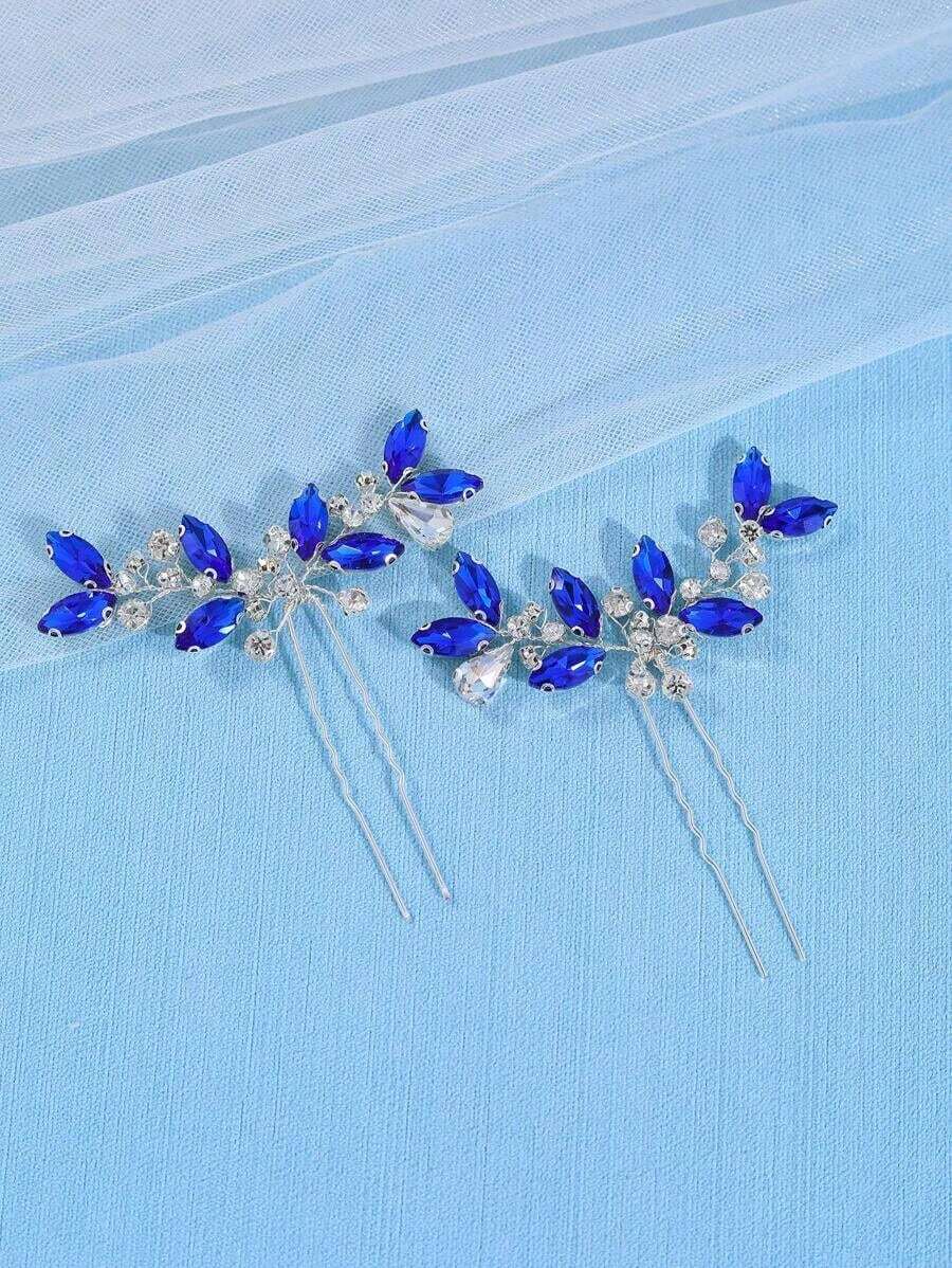 2pcs Women Elegant Crystal Tiaras & Hair Clips, Bridal Wedding Hair Accessories Valentine's Day Accessories - Xanh đậm - Xem 1