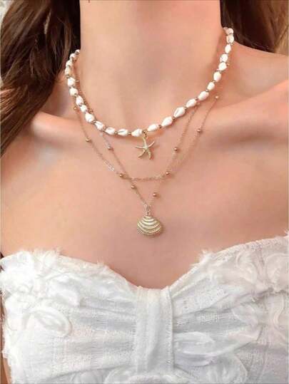 Bộ 3 vòng cổ vỏ sò và ngọc trai nhiều lớp, vòng cổ vỏ sò thời trang, đa năng, độc đáo, cao cấp và tinh tế.