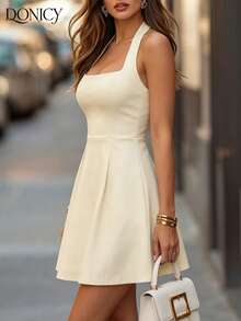 Women's White Spaghetti Strap Mini Dress, Square Neck A-Line Dress, Sexy Casual Summer Dress - Apricot - View 8