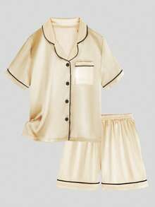 Tween Boy Champagne Gold Lapel Neck Short Sleeve Single-Breasted Top And Shorts 2-Piece Casual Pajama Set - Champagne - View 6
