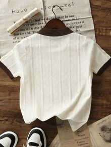 Áo len dệt kim cổ polo cổ chữ V tay ngắn cho bé trai, bo tay tương phản, chất liệu nhẹ, họa tiết rỗng, phù hợp mùa xuân và mùa hè - Màu be - Xem 4
