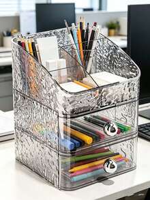1pc/3pcs Stackable Transparent Ice-Pattern Storage Box, Student Desk Stationery Pencil Holder, Drawer-Style Office Cosmetic Organizer, Super Convenient For Accessing Stationery! Multi-Compartment + Drawer Design, Categorizing Pencils, Colored Pens, Erasers, Sticky Notes, And Other Stationery To Say Goodbye To Desktop Clutter. Available In Transparent/Gray Dual Colors, Effortlessly Creating A Tidy And Organized Study/Workspace Environment, Maximizing Both Aesthetic Appeal And Practicality! - Multicolor - View 5