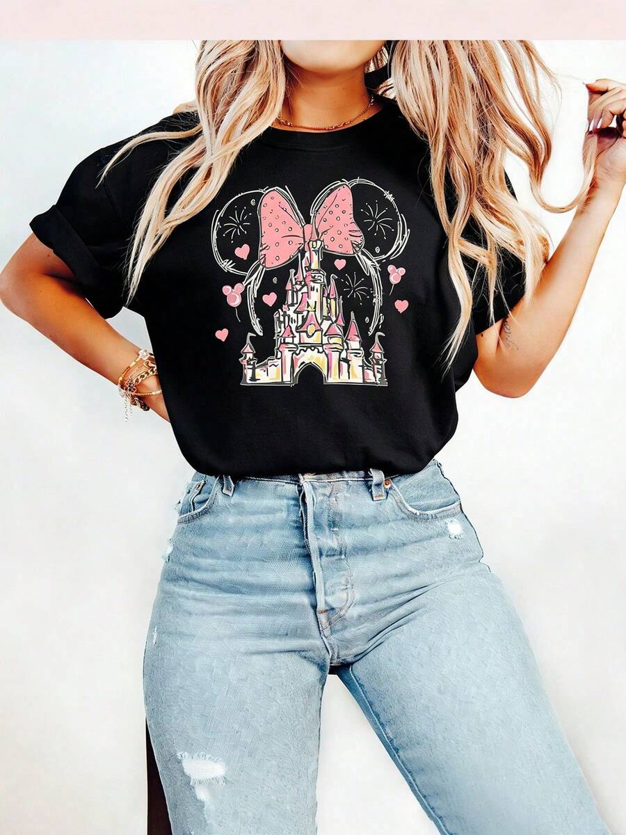 Summer T-Shirt, Suitable For Daily Wear, Easy To Wear In Summer, Micro-Elastic, Soft Round Neck Casual Daily Coat, Including Disney Fashion Print, Round Neck Summer Sweatshirt, Both An - màu đen - Xem 1
