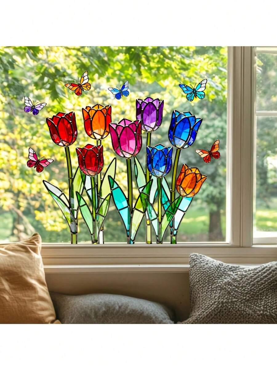 1pc Colorful Tulip & Butterfly Static Cling Window Film, Reversible Stained Glass Effect Decal For Kitchen, Bedroom, Sunlight Reflection - Multicolor - View 1