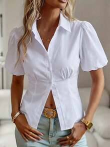 Look Polly 女士 Y2K 风格校园衬衫，休闲衬衫，前开襟纽扣，简约白色上衣，适合海滩、校园、度假和约会等场合。 - 白色 - 查看 8