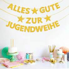 1set,Gold Glitter Alles Gute Zur Jugendweihe DIY String Banner - German Coming Of Age Ceremony Decorations - Sparkling Star Bunting Garland For Youth Celebration Party -Shimmering Hanging Sign For Youth Entry Ceremony - View 1