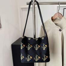 2024 Spring/Summer New Embroidered Print Tote Bag, Fashionable Large Capacity Canvas Shoulder Crossbody Bucket Bag - Black - View 2