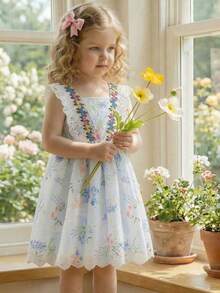 Robe fleurie pour filles, fleurs délicates/volants colorés et garniture en dentelle, robe à encolure carrée sans manches avec ceinture, style campagnard pour les vacances, les jeux en extérieur, les fêtes et le port quotidien - Multicolore - Voir 3
