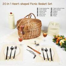 Juego de cestas de picnic en forma de corazón para 2 personas cesta de mimbre con sauce romántico con vajilla para camping interior y exterior regalo de pareja para el día de San - marrn claro - Ver 3