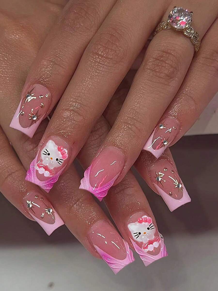 Sanrio Hello Kitty 24pcs Short Square 3d Gel Pink Gradient French Press On Nails With Hello Kitty, Star And Rhinestones Design, Pink Girl Style,Perfect Fit Acrylic False Nails Set,Including 1 Jelly Gule And 1 Nail File, Hello Kitty Nails For Women Girls Daily Party And Gathering Use - Multicolor - View 1