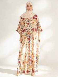 1pc Floral Print Button-Up Long Robe, Suitable For Holidays, Vacation, Daily Wear, Summer, Champagne Color - Champagne - View 3