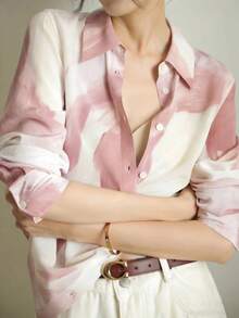1件女士优雅休闲简约撞色印花前扣衬衫，甜美日常休闲、办公室、通勤百搭，春夏度假粉色 - 粉色 - 查看 1