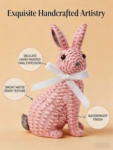 1pc Resin Woven Rabbit Statue With White Ribbon - Rustic Farmhouse Style Living Room, Coffee Table And Bookshelf Decor. This Charming Woven Texture Rabbit Statue Adds A Warm And Natural Atmosphere To Your Home. Perfect For Spring, - B - View 4