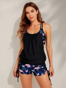 Women's Sleeveless Spaghetti Strap Boho Drawstring Tankini Swimsuit Set With Flamingo Print Shorts - màu đen - Xem 10