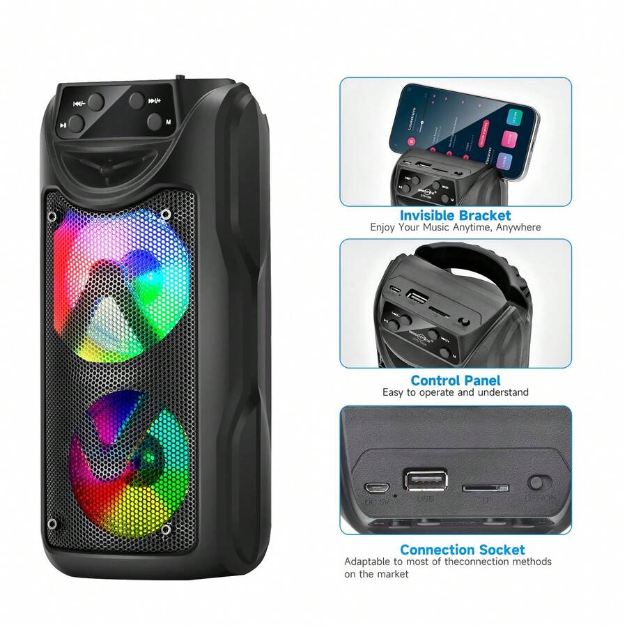 Portable Outdoor Wireless Speaker With Colorful Light Effects, Powerful Sound, Subwoofer, 1200mAh Capacity, Type-C Charging, Supports USB, FM, TF Card, AUX, MIC, Knob + Button Control. - 2058 Upgrade - View 1