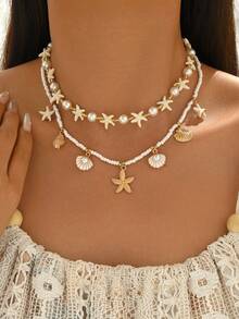 2pcs Summer Sweet Ocean Style Starfish & Shell Beaded Alloy Ocean Creature Pendant Necklace Set, Suitable For Beach, Vacation, Party Wear, Versatile Necklace For Girls - Multicolor - View 1