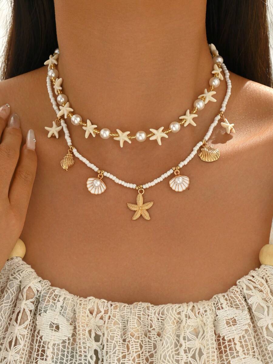 2pcs Summer Sweet Ocean Style Starfish & Shell Beaded Alloy Ocean Creature Pendant Necklace Set, Suitable For Beach, Vacation, Party Wear, Versatile Necklace For Girls - Multicolor - View 1
