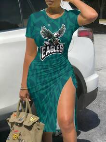 This Philade-LphiaEag-Les Women's Dress Features A Print Of The Philade-LphiaEag-Les Logo And Is A Slit-Hem Bodycon Dress Suitable For Everyday Wear And Outdoor Activities._1_bg5_t1 - Multicolor - View 2