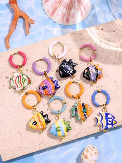 Bông tai mặt dây chuyền hình cá bằng gốm vẽ tay, nhiều màu sắc, phong cách Bohemian, trang sức đi biển, trang sức tinh tế, độc đáo để đeo hàng ngày dành cho phụ nữ.