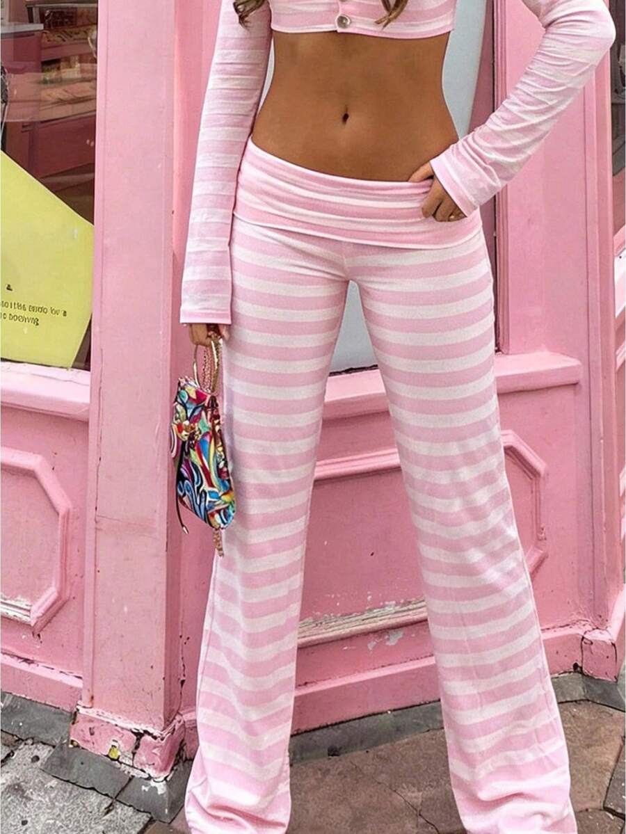 Women Y2k Striped Fold Over Pants Low Rise Yoga Pants Lounge Bottoms Color Block Wide Leg Flare Leggings Sweatpants - 粉色 - 查看 1