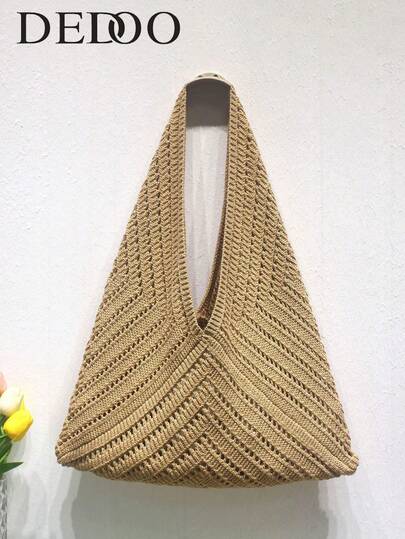 Dedoo Bolso de ganchillo con forma de dumpling de gran apertura, con un patrón de celosía de diamantes en forma de V (espiga) hueco general. Un bolso de playa minimalista, perfecto para escapadas de verano a la playa, viajes diarios, compras y citas.