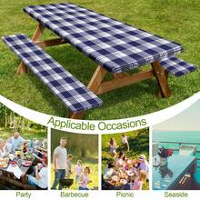 Picnic Table Cover With Bench Covers Camping Essentials Waterproof Windproof Camping Tablecloth With Drawstring Bag, Fitted Rectangle Tables And Seats, 72"X 30" Or 60"X 30"  1Pcs Or 3Pcs - Blue Checkered - View 7