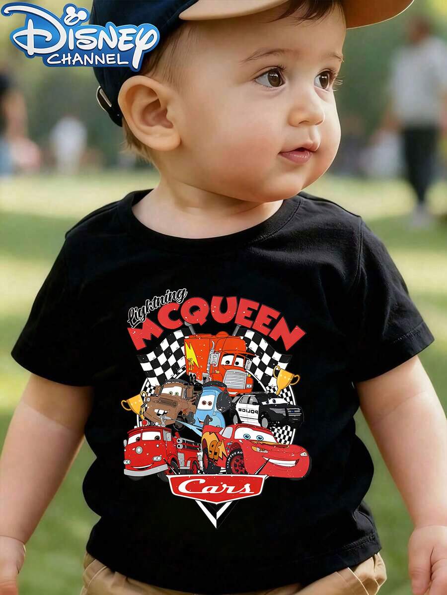 This Casual, Minimalist Crew Neck Short-Sleeved T-Shirt Features Designs From Disney's Cars Series And Is Designed Specifically For Boys And Girls, Making It An Ideal Choice For Summer Wear. - màu đen - Xem 1