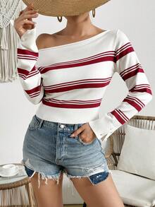Women's Sexy Open Shoulder Boat Neck Striped Long Sleeve Fitted Blouse, Elegant Vacation Style Spring White - White - View 3