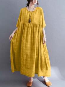 AZAH Elegant Maxi Bohemian Style Dress, Comfortable Woven Camisole Dress, Round Neck Design, With Practical Pockets 2026 Women's Spring/Summer/Autumn Casual Plaid A-Line Dress, Short Sleeve With Pockets, Summer Essential Vacation Maxi Dress, Can Be Worn As Sleepwear, Woven - Ginger - View 5