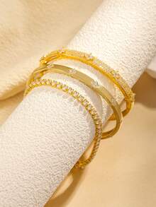 Set de 3 pulseras, pulsera de trébol de cuatro hojas de oro/plata con circonita cúbica, conjunto de joyas elegante adecuado para uso diario, citas, etc. de las mujeres - Dorado - Ver 4