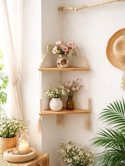 1 chiếc kệ treo tường hai tầng kiểu Bohemian, giá sách treo bằng dây macrame, kệ trang trí đan lát, trang trí phòng theo phong cách thẩm mỹ, giá đựng đồ treo tường kiểu mộc mạc, kệ trưng bày trang trí.