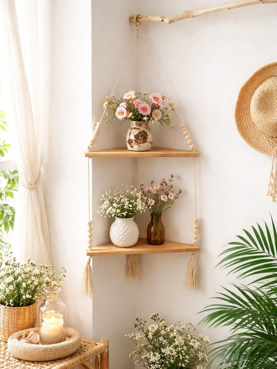 1pc Bohemian Style Double-Layer Wall Hanging Shelf, Macrame Rope Suspended Book Rack, Woven Decor Wall Shelf, Aesthetic Style Room Decor, Rustic Wall Storage Rack, Decorative Display Shelf