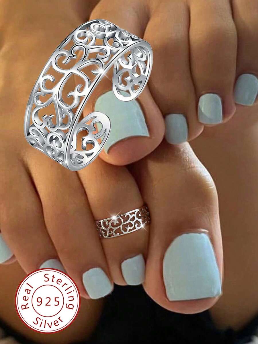 1pc S925 Sterling Silver Delicate Hollow Flower Toe Ring, Adjustable Toe Ring Suitable For Summer Beach Wear - Hollow Pattern Anklet - View 1