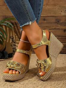 European And American Style Thick Bottom Wedge Sandals For Women, Leopard Print & Solid Black Hollow Buckle High-Top Open Toe Super High Heel Shoes - Gold - View 3