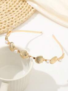 1pc Fashionable Bohemian Shell & Pearl Alloy Headband, Women Accessory - Gold - View 4