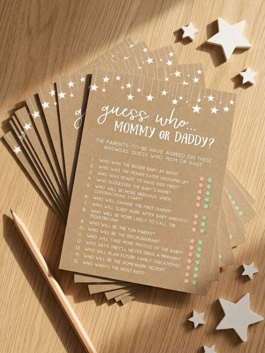 Conjunto de 10 jogos impressos para chá de bebê – Jogo "Quem é a mamãe ou o papai?" para menino ou menina, tema rústico em papel kraft, decoração neutra para festa de chá de bebê. - Multicolorido - Ver 1