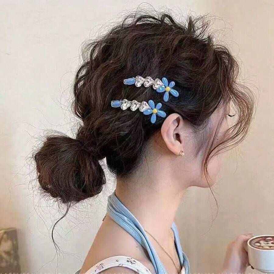 春季新款心形花朵水钻珍珠发夹，少女公主风侧刘海发夹鳄鱼夹 - 彩色 - 查看 1