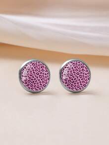 1 Pair Stainless Steel Round Stud Earrings With Pink Leopard Print Pattern, Sexy Minimalist Style Suitable For Women's Daily Wear And Gifts, Elegant Minimalist Jewelry Earrings Suitable For Women's Daily And Holiday Wear - Hot Pink - View 7