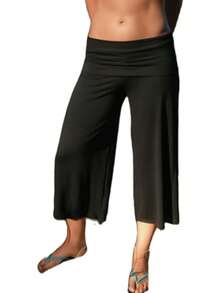 Fold Over Wide Leg Capri Pants For Women Low Rise Lounge Yoga Flare Culottes Y2k Flowy Crop Palazzo Pants Beach - 黑色 - 查看 3