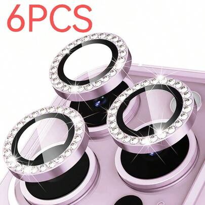 6 miếng dán bảo vệ ống kính camera đính đá cho iPhone 17 Pro/17 Pro Max/16/15/14/13/12/11 Series, thiết kế đính đá với lớp kính cường lực, phụ kiện điện thoại di động, bảo vệ ống kính camera sau.