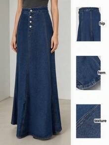 Cyscratia Women's Solid Color Casual Denim Long Skirt, Simple Daily Wear Denim Maxi Skirt - Màu xanh đậm - Xem 3