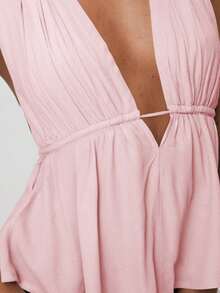 Top de mujer de poliéster con lazo, unicolor, espalda descubierta, nudo, volantes y tiras, adecuado para playa, fiesta de noche, cita, boda, hogar, cena formal, estilo callejero, primavera, otoño, verano - Rosa Pálido - Ver 5