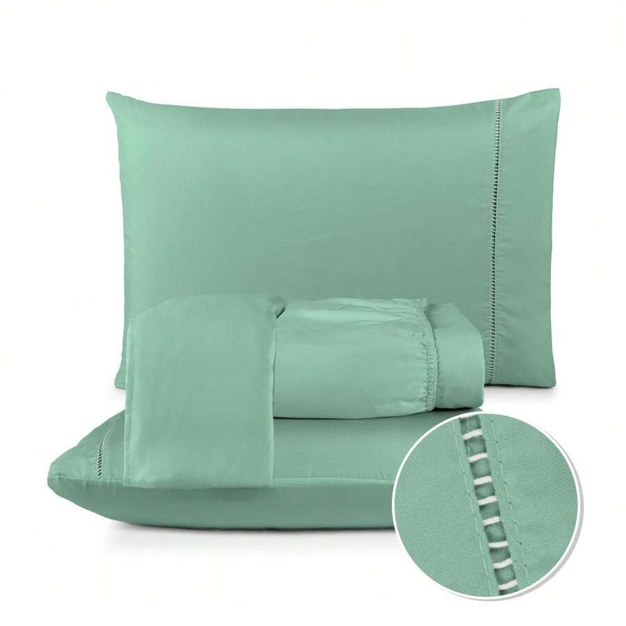 Fitted Sheet Set With Elastic + Pillowcase, 400 Thread Count Percale Flex Luxury, Peach Touch, Single, Full, Queen, King - Green - View 1