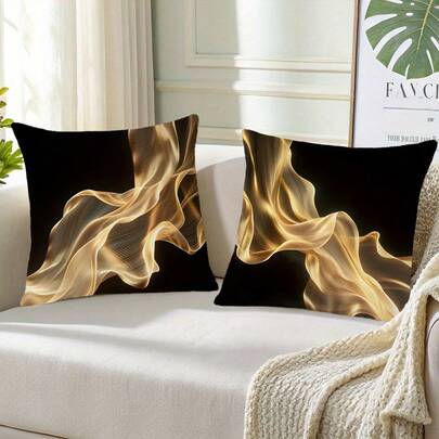 2件套现代奢华枕套套装 - 时尚黑金装饰套装，带拉链，饰有抽象流动波浪图案，适用于客厅、卧室或露台 - 沙发装饰（单面印花，不含枕芯）