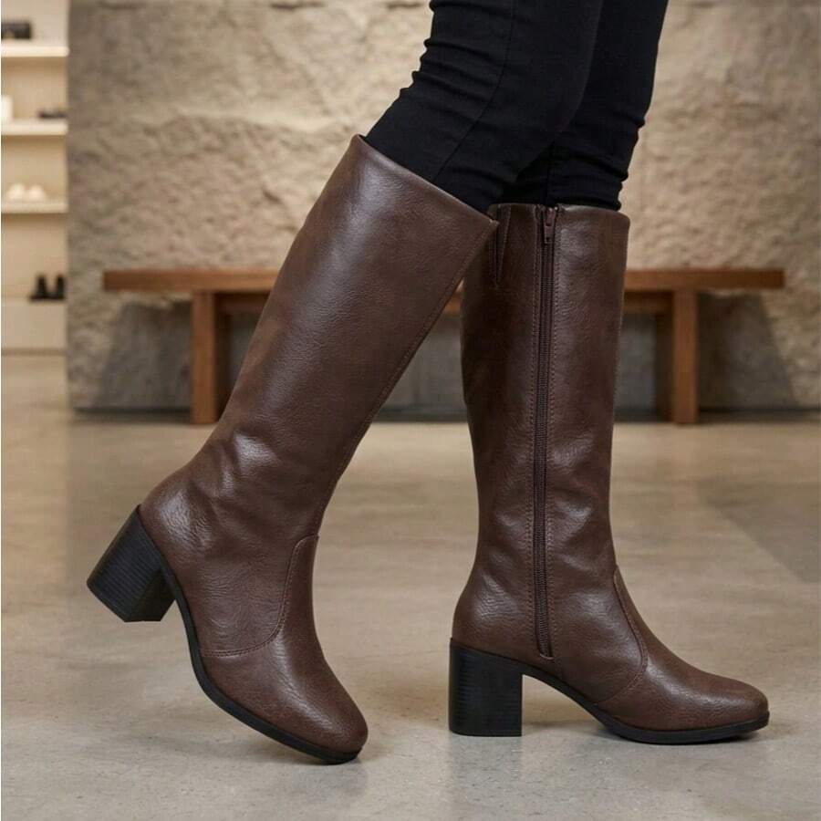 Women's High-Top Boot With Block Heel And Square Toe - Elegant - - Coffee Brown - View 1