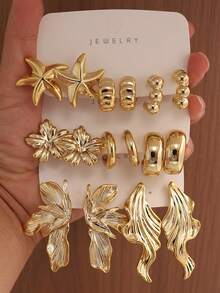 4-16 chiếc bông tai hình sao biển, họa tiết lá bất đối xứng, thích hợp cho tiệc tùng, tiệc chiêu đãi, du lịch, đám cưới, kỳ nghỉ, đeo hàng ngày, quà tặng trang sức. - Vàng - Xem 1