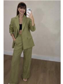 Women's Plus Size Set: Blazer And Wide Leg Pants, Linen Fabric - Olive Green - View 2